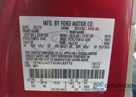2012 Ford Escape Xlt z USA, uszkodzony, nr VIN 1FMCU0D73CKC22772
